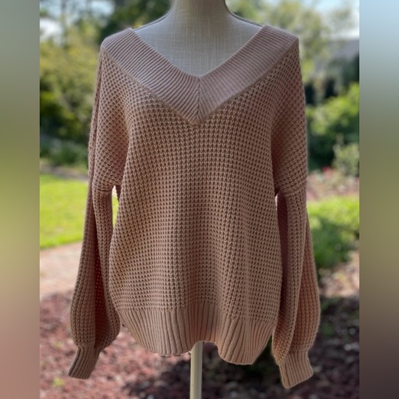 NWOT Blush/Dusty Pink Waffle-knit Double V-Neck Sweater. XS - Picture 1 of 13